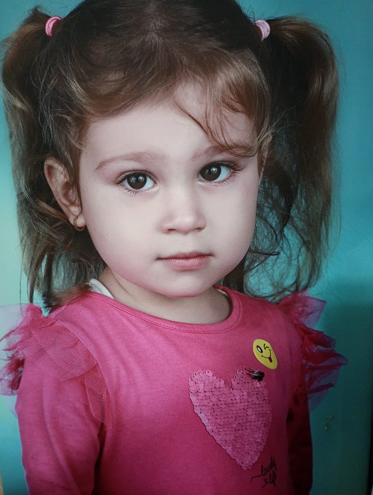 Portrait of Carla in a pink shirt with pigtails